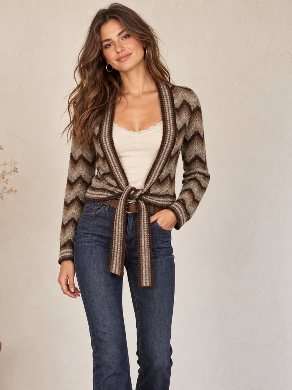 Chevron Tie-Front Cardigan - Mohair Blend boho Retro 70s Look